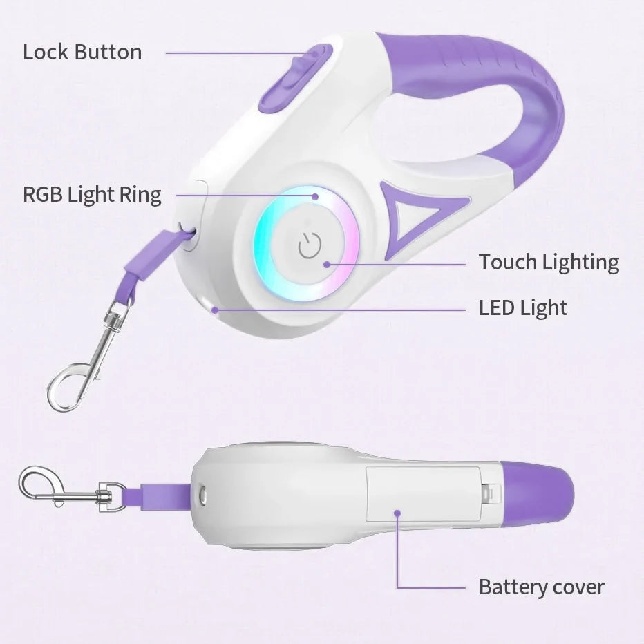 LED Retractable Dog Leash: 360° Tangle-Free Pet Lead with Built-in Spotlight